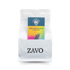 A white coffee bag with a black ZAVO logo stamped on. It has two product cards, one is a multicoloured card with a Cockatoo on, the other is a blue tasting notes card which says Strength Dark