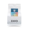 A white coffee bag with a black ZAVO logo stamped on. It has two product cards, one is a blue and red multicoloured card with a Hawk on, the other is a blue tasting notes card which says Strength Medium