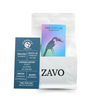 A white coffee bag with a black ZAVO logo stamped on the bottom of the bag, there is two product cards one is blue and purple multicoloured with a Toucan on it, the second is the tasting notes which says Strength Medium, Process Washed, Enjoy as Espresso Filter, Tasting Notes Honey Almond Blueberry, Origin Ethiopia Guatemala, Blend Espresso, The Toucan Fruity & Sweet.